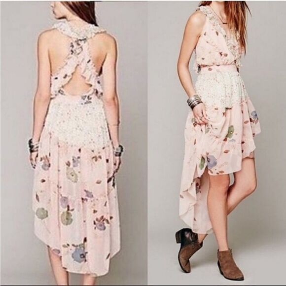 Free People Floral Skies Hi-Low Ruffle Midi Dress S - Picture 2 of 9